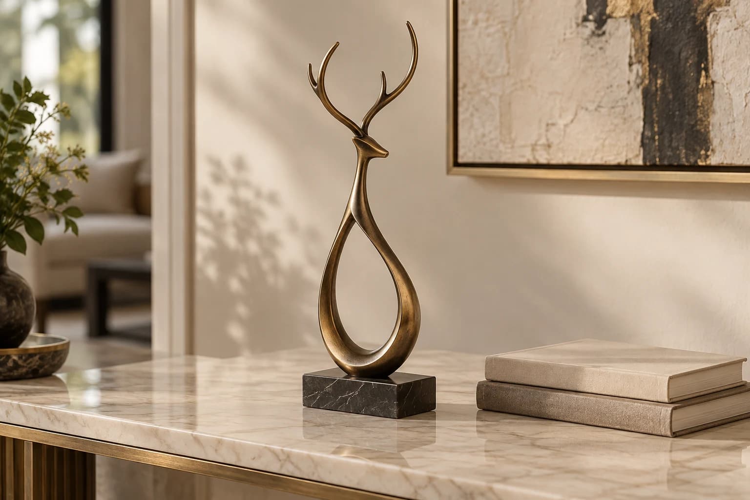 Small abstract bronze antler ornament on a stone base, styled beside books on a marble console