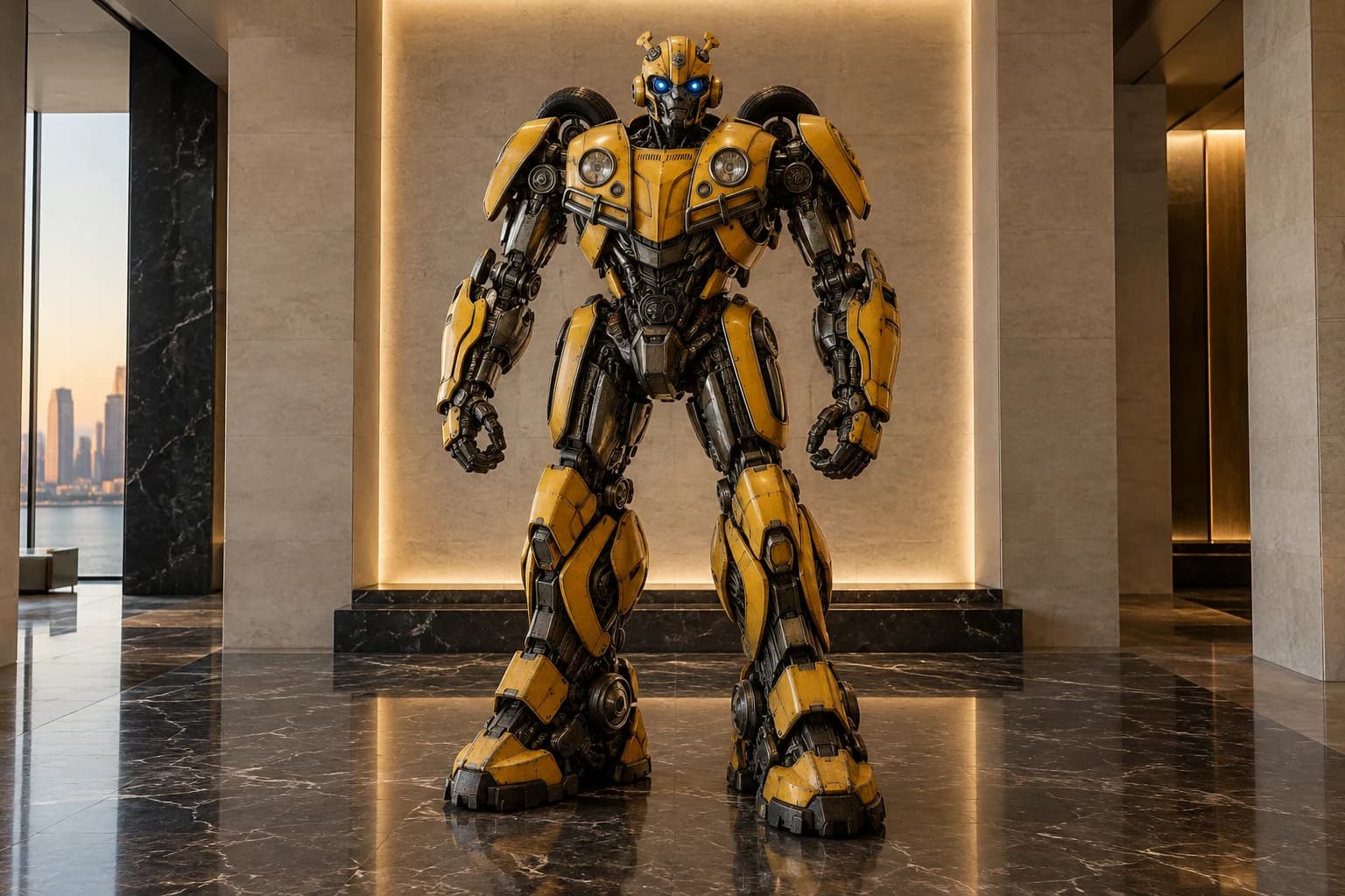 Realistic yellow and black Bumblebee robot sculpture displayed in an illuminated stone gallery
