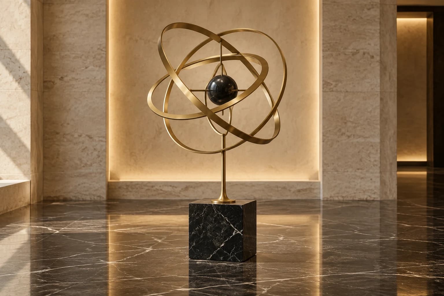 Nested brass orbital rings surrounding a polished black sphere on a marble pedestal