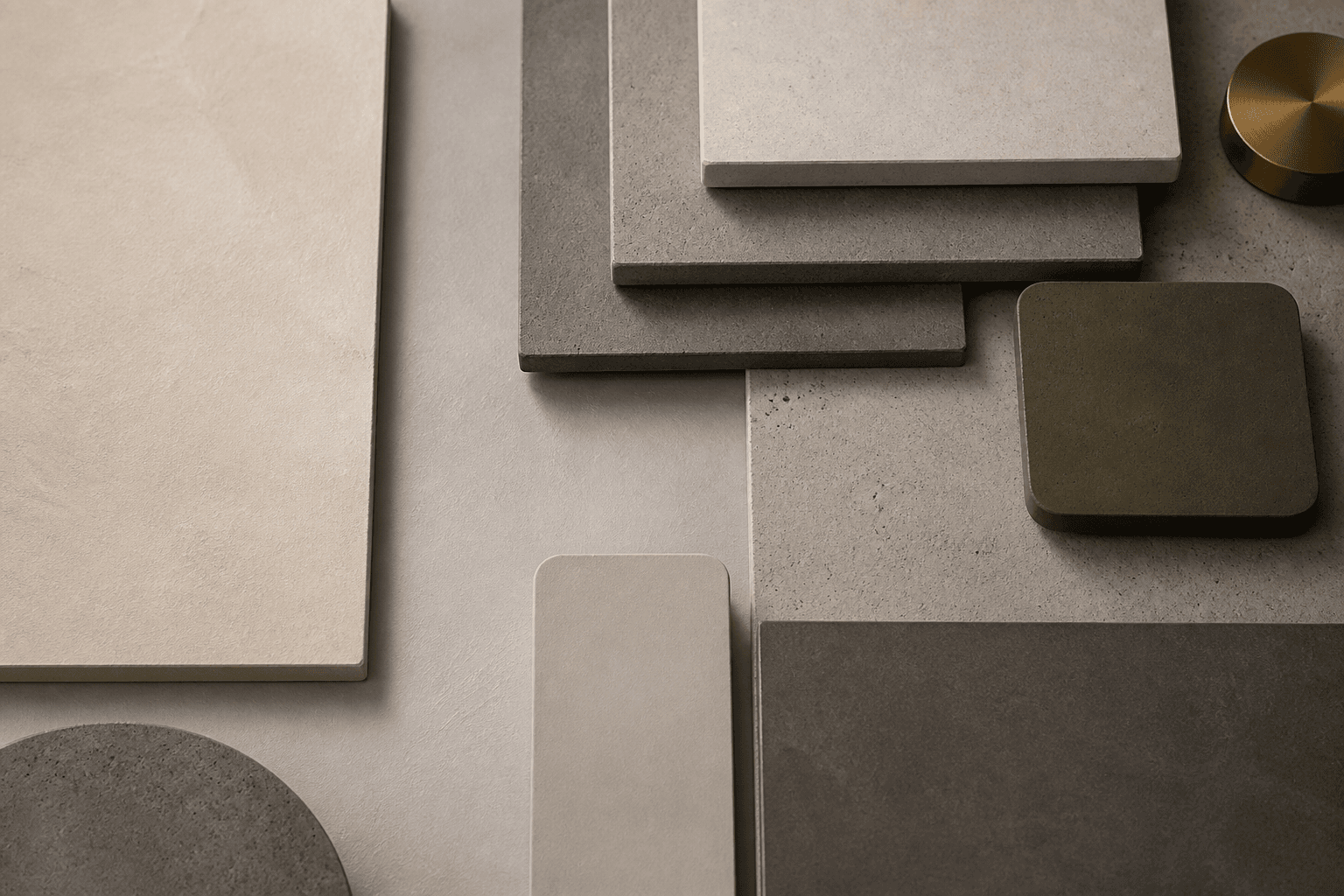Concrete and microcement finish panels in warm grey tones with subtle trowel texture