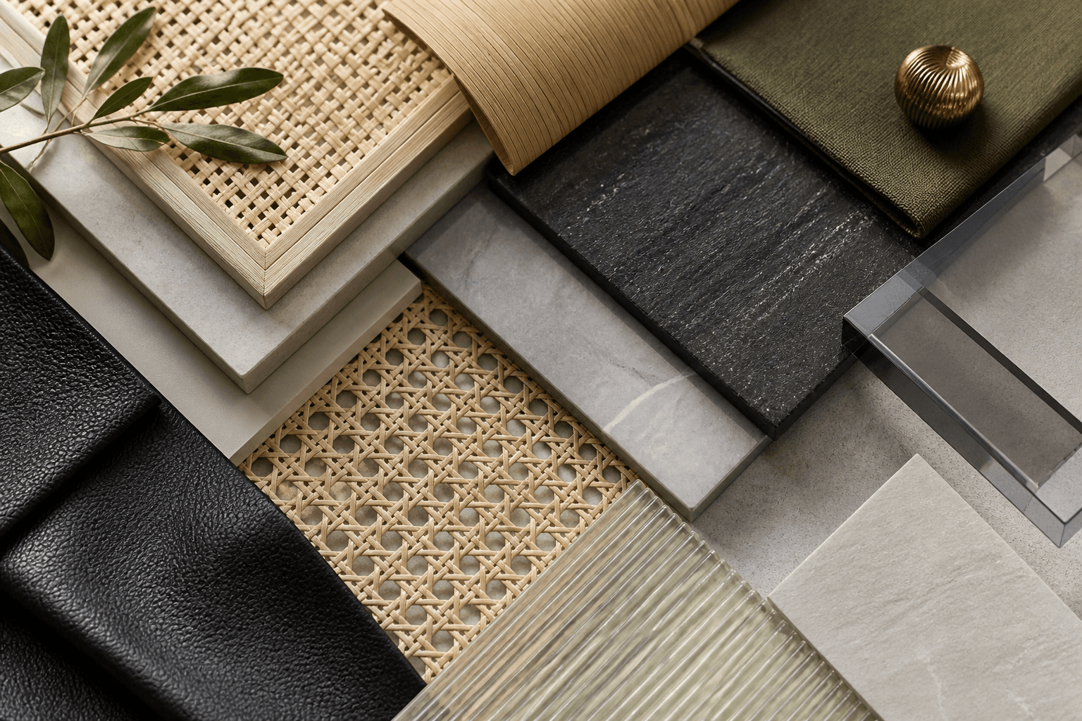 Decorative cane, rattan, bamboo, leather and acrylic material samples