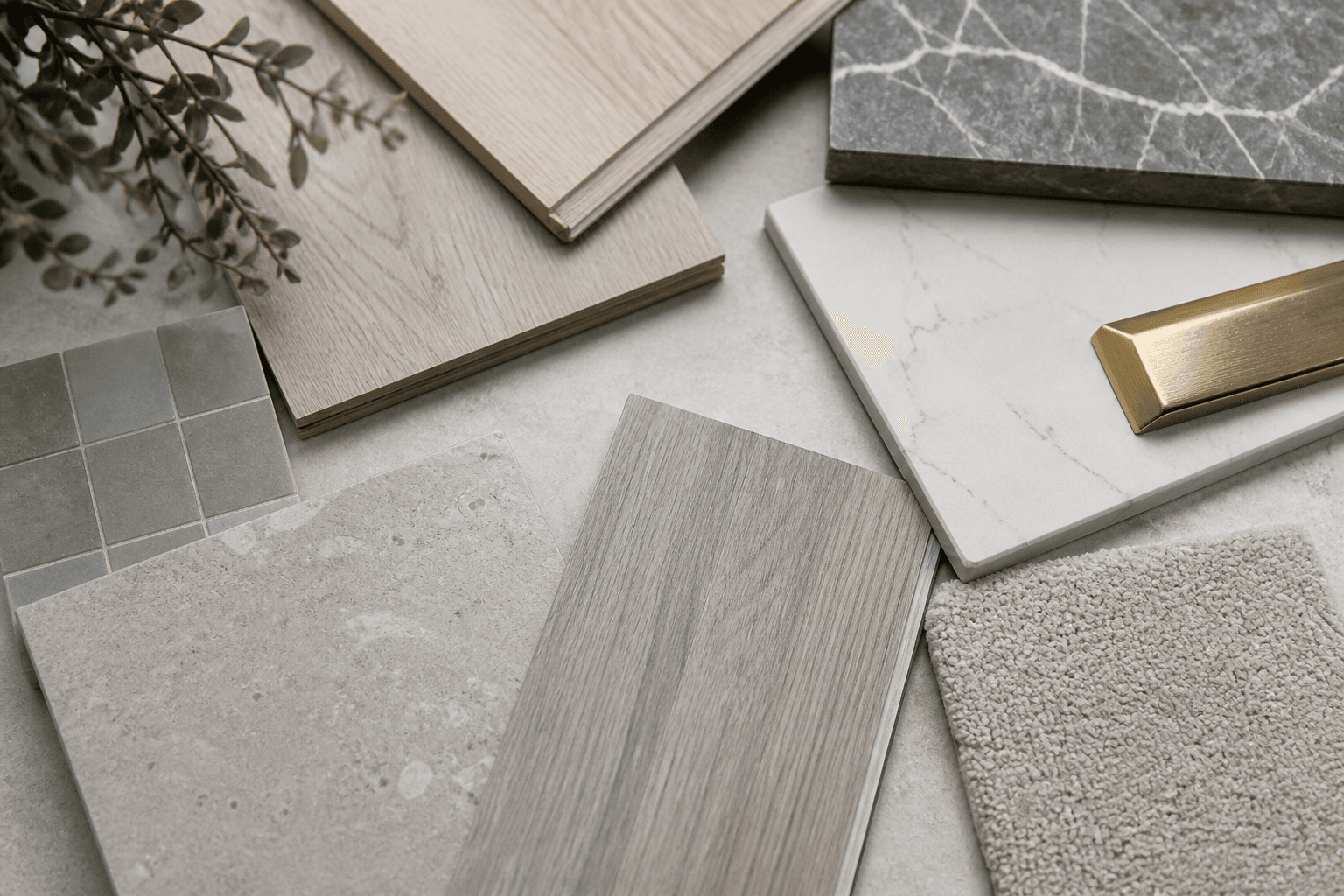 Wood, stone, tile, vinyl and carpet flooring samples arranged on a studio surface