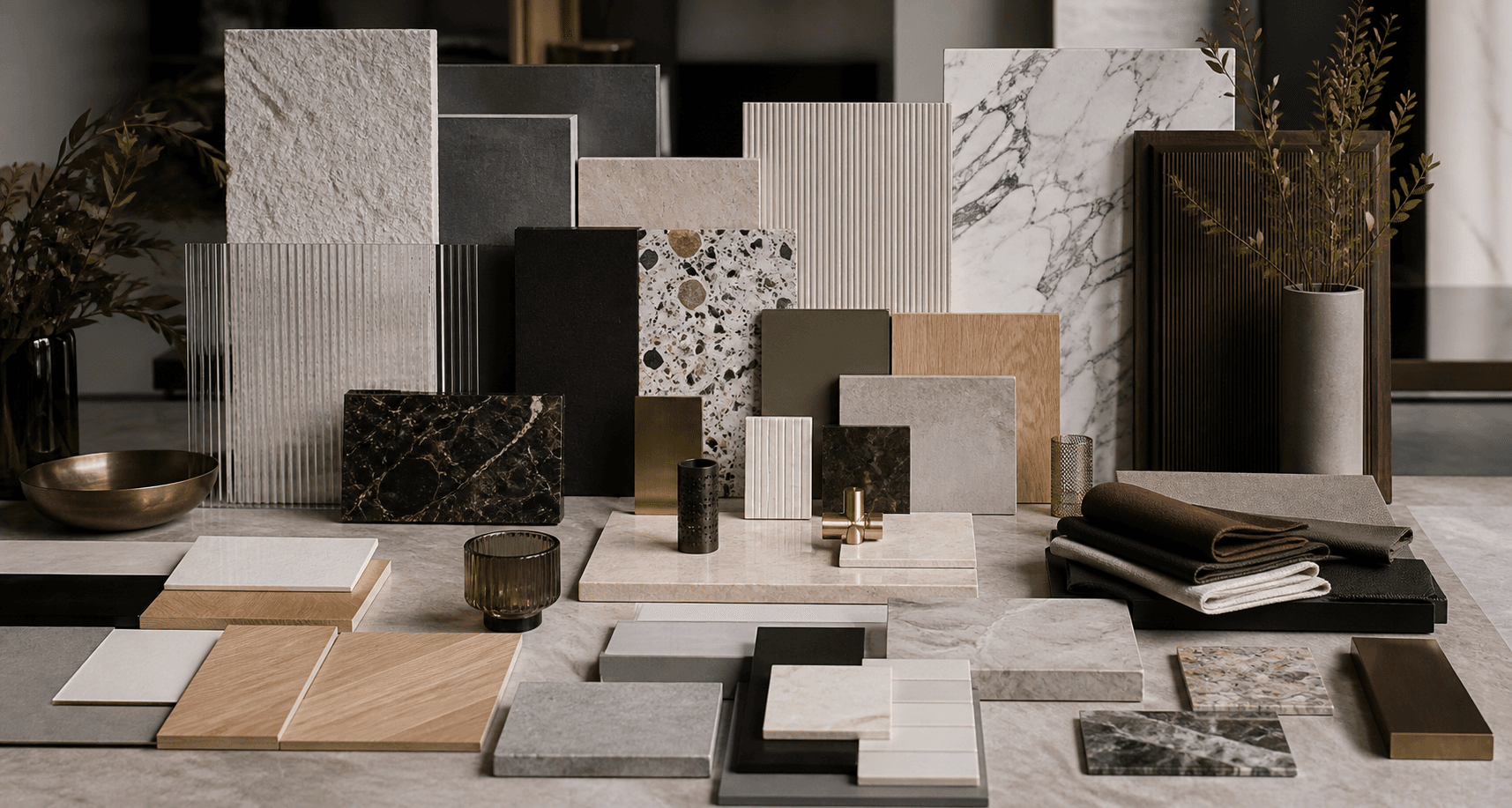 A wide interior material library with stone, wood, metal, glass, tile, fabric, flooring and wall finish samples