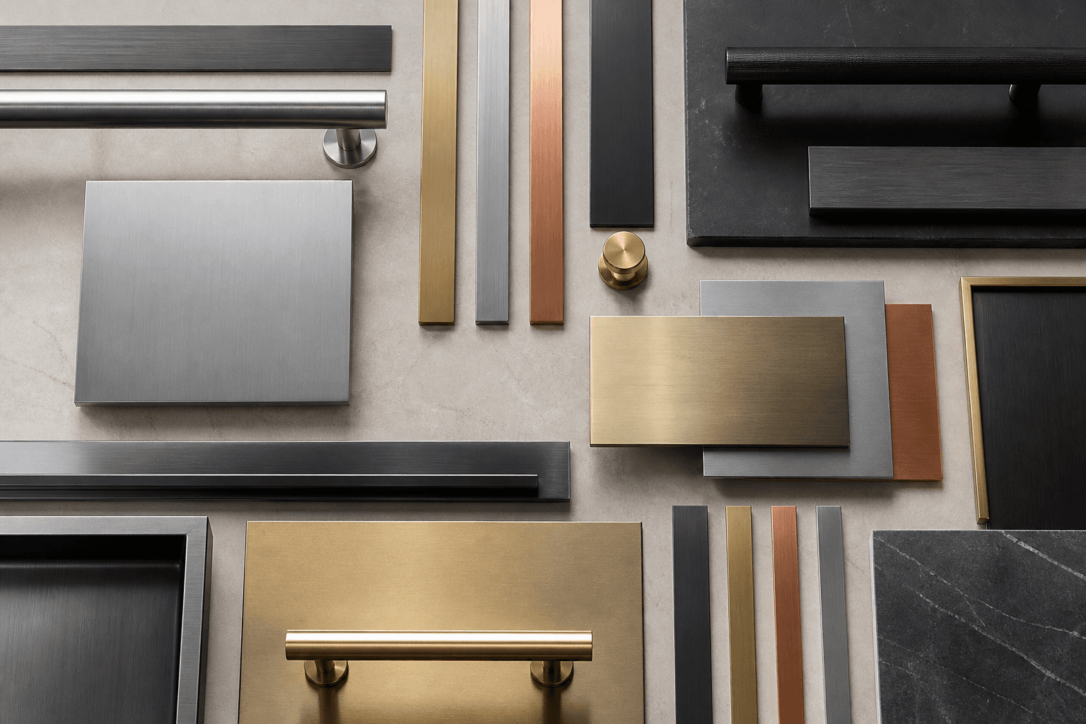 Brushed stainless steel, brass, aluminium, copper and blackened steel samples arranged as architectural hardware