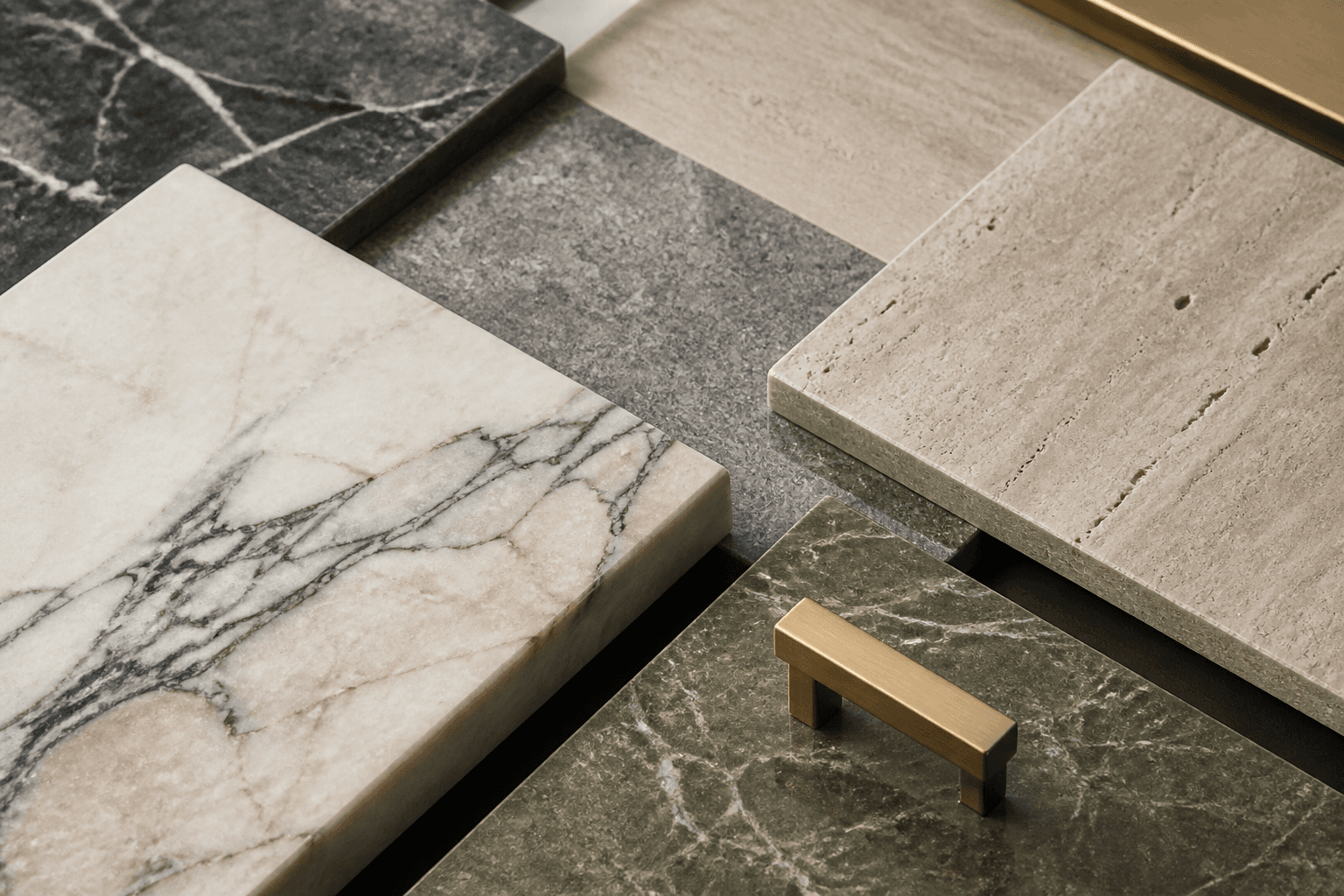 Layered marble, granite, travertine and limestone slabs with a refined metal detail