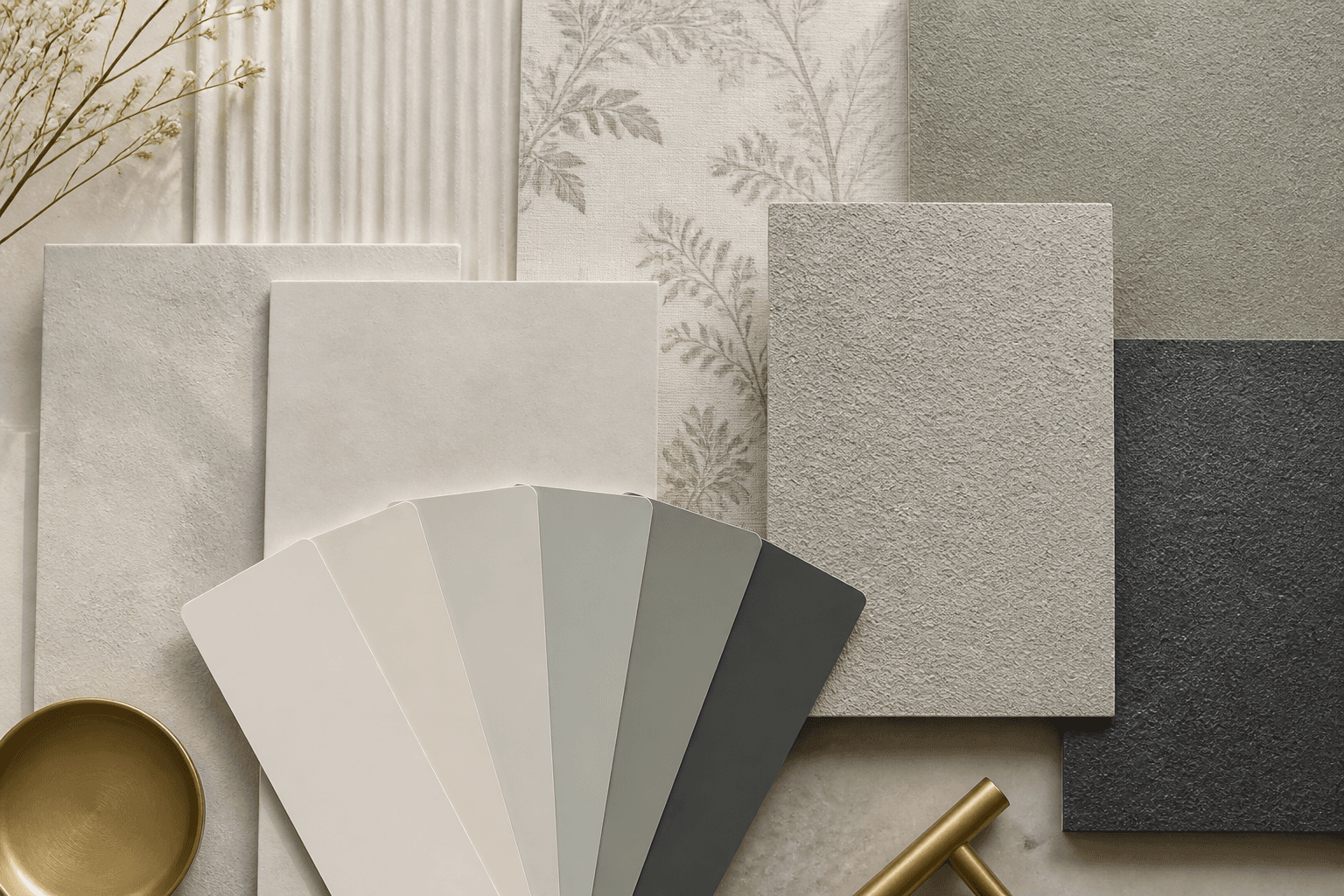 Paint cards, wallpaper and textured lime plaster wall finish samples