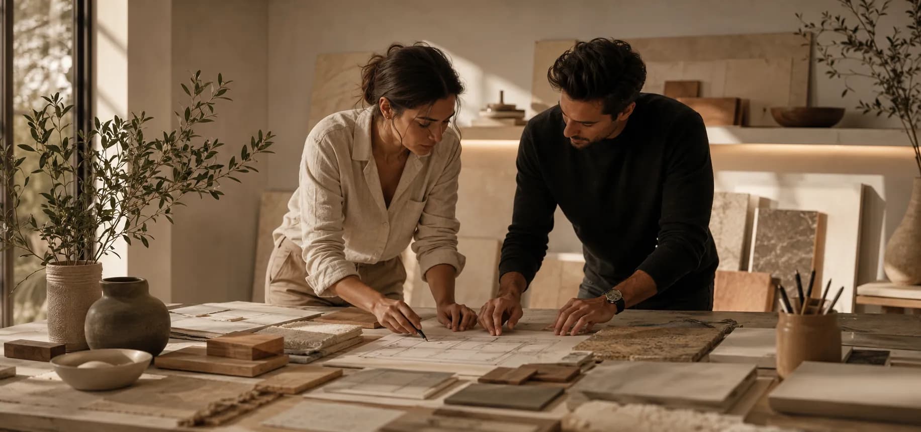 Two Cane & Clay designers reviewing a floor plan across a studio table laid with stone, timber and textile samples