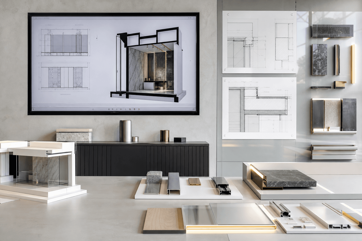 A modern architecture studio wall with digital drawings, detail sections and material junction samples