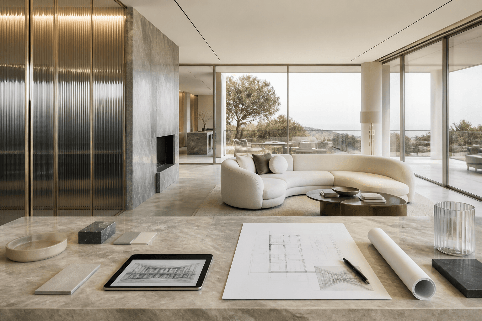 A modern residence with floor-to-ceiling glass, stone surfaces and refined planning drawings in the foreground