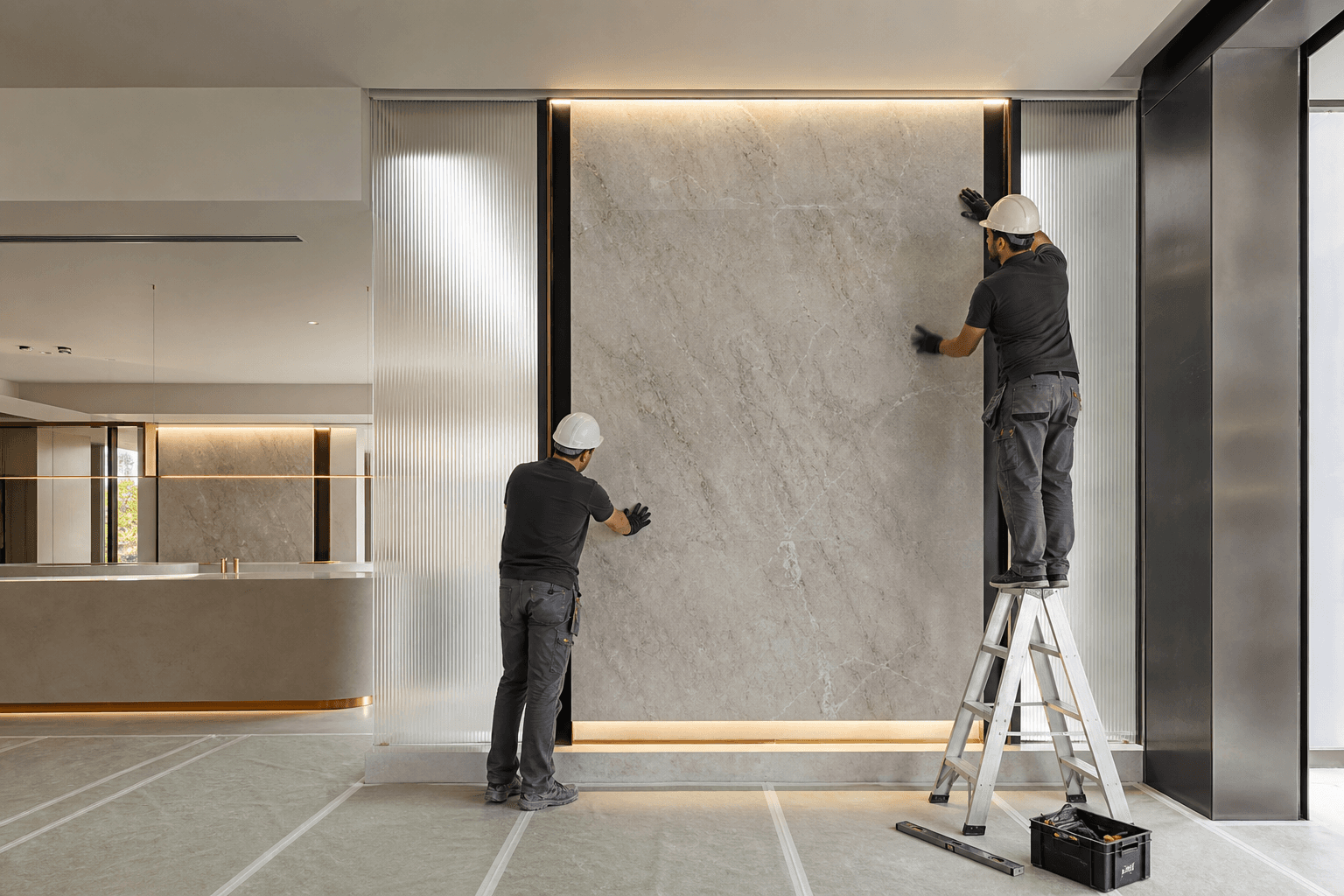 Craftsmen installing a large stone wall panel with fluted glass and integrated lighting in a modern interior