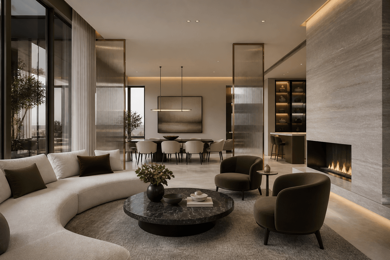 A completed modern luxury living and dining interior with stone, fluted glass and softly layered furnishings