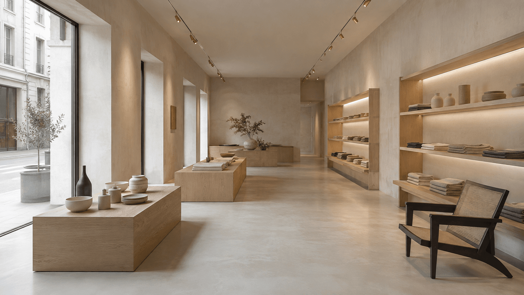 Minimal boutique retail gallery with pale limewashed walls, oak plinths and curated ceramics