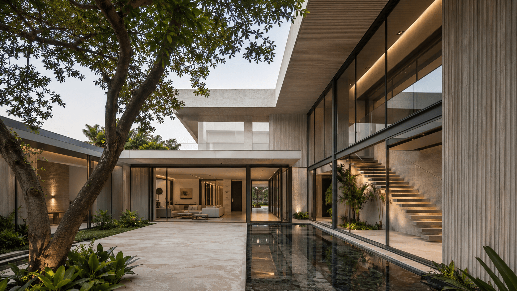 The Courtyard Frame House interior with modern tropical minimalism