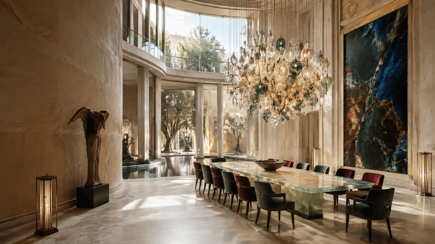 A grand Cane and Clay dining gallery with a translucent onyx table, jewel-toned chairs, a glass chandelier and a water courtyard