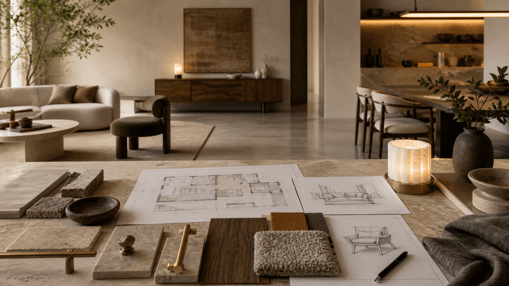 Interior design drawings, material samples and furniture details arranged in a refined Cane and Clay living space
