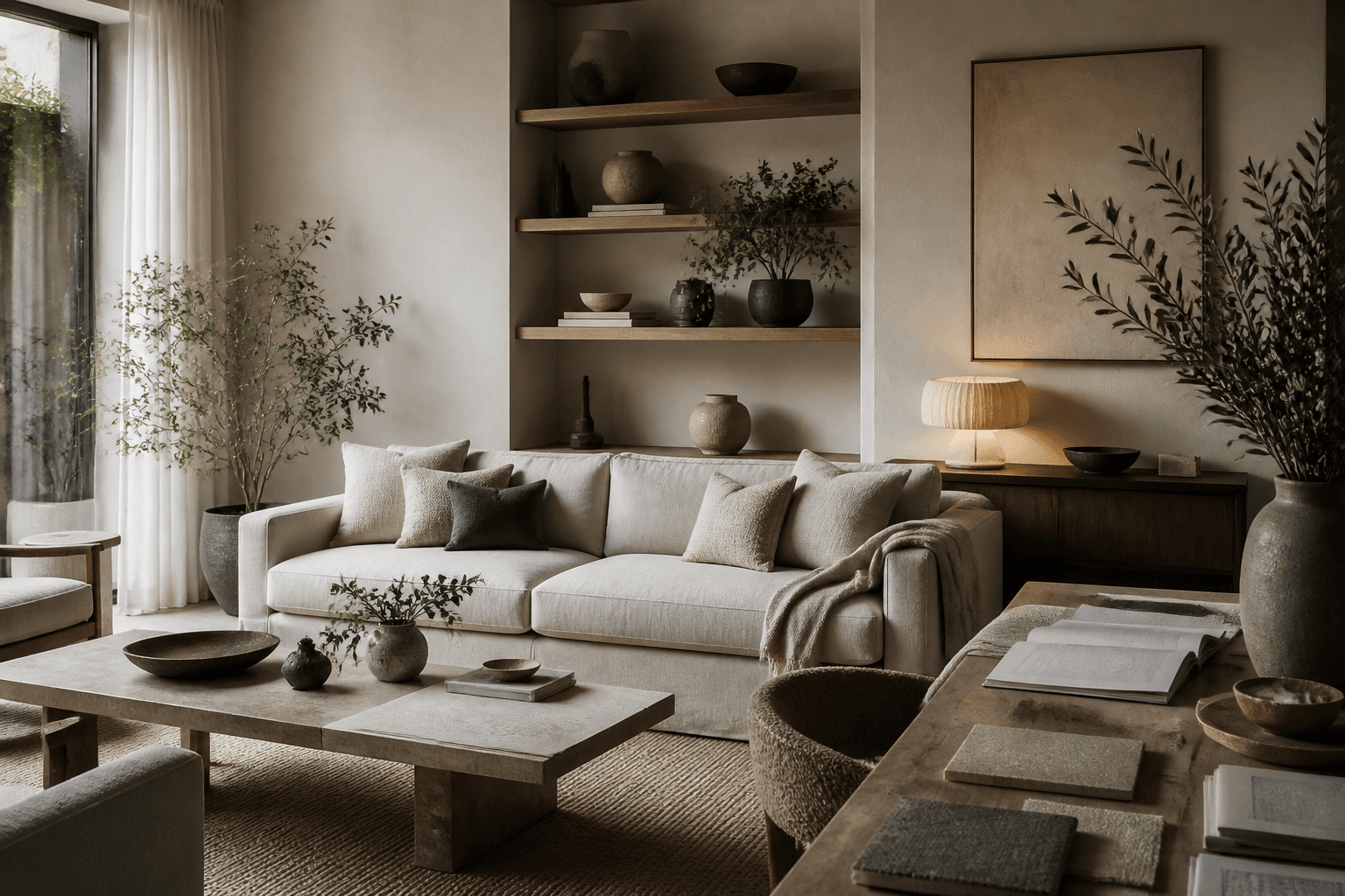A calm Cane and Clay living room with natural materials, soft furnishings and studio design notes