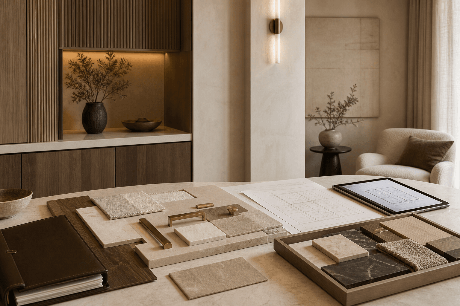 Approved interior materials, drawings and finish samples arranged for a Cane and Clay design review