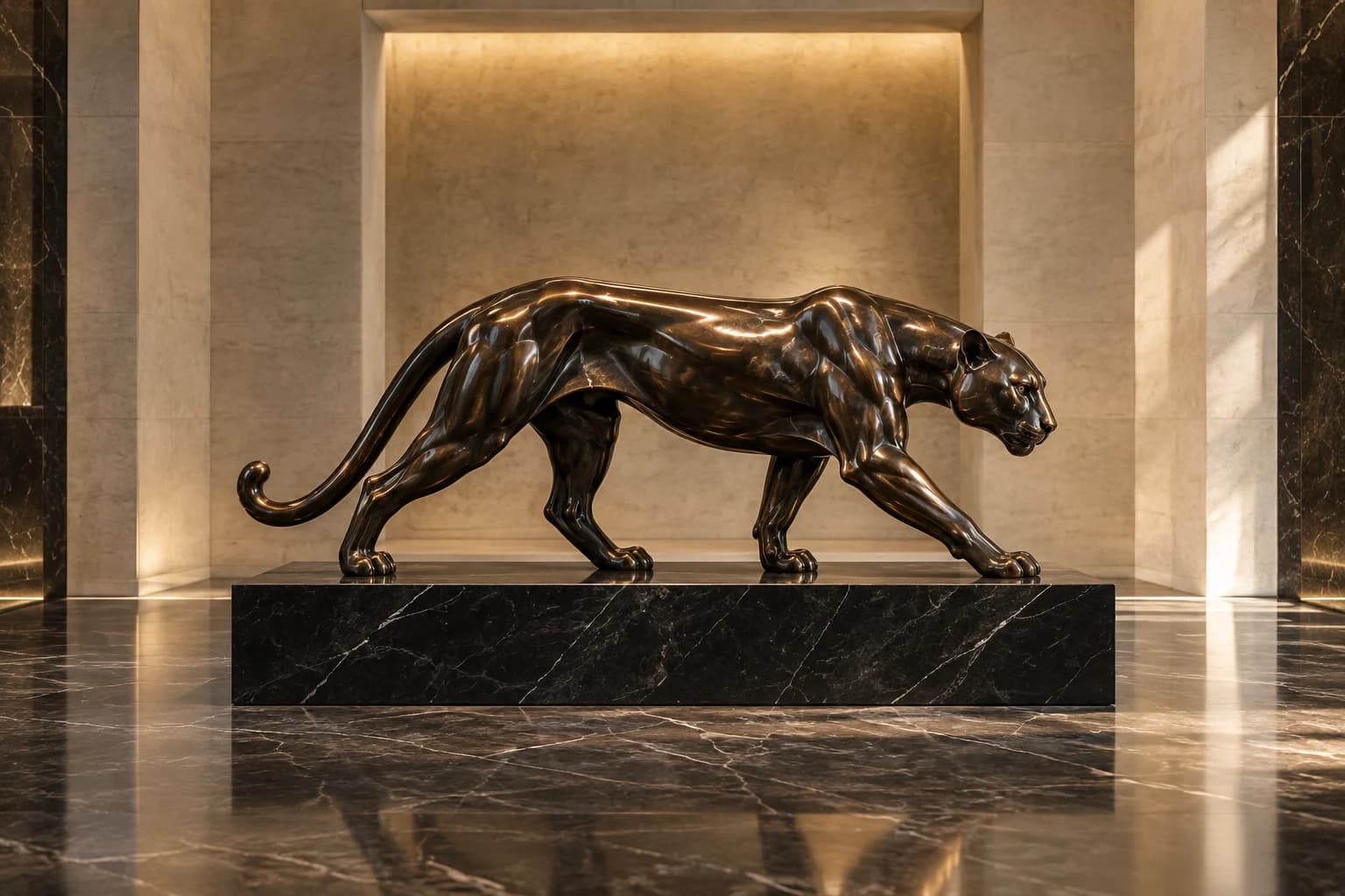 Polished bronze panther sculpture on a black marble plinth in a private gallery