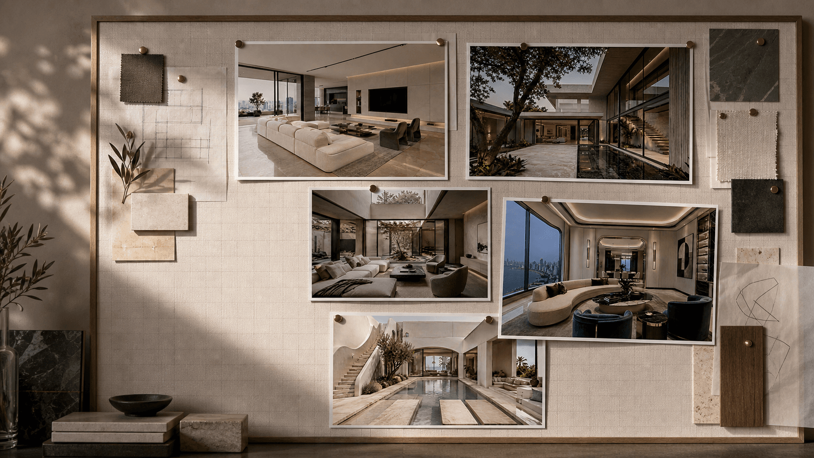 A Cane and Clay design studio pinboard with five residential project photos pinned alongside material samples