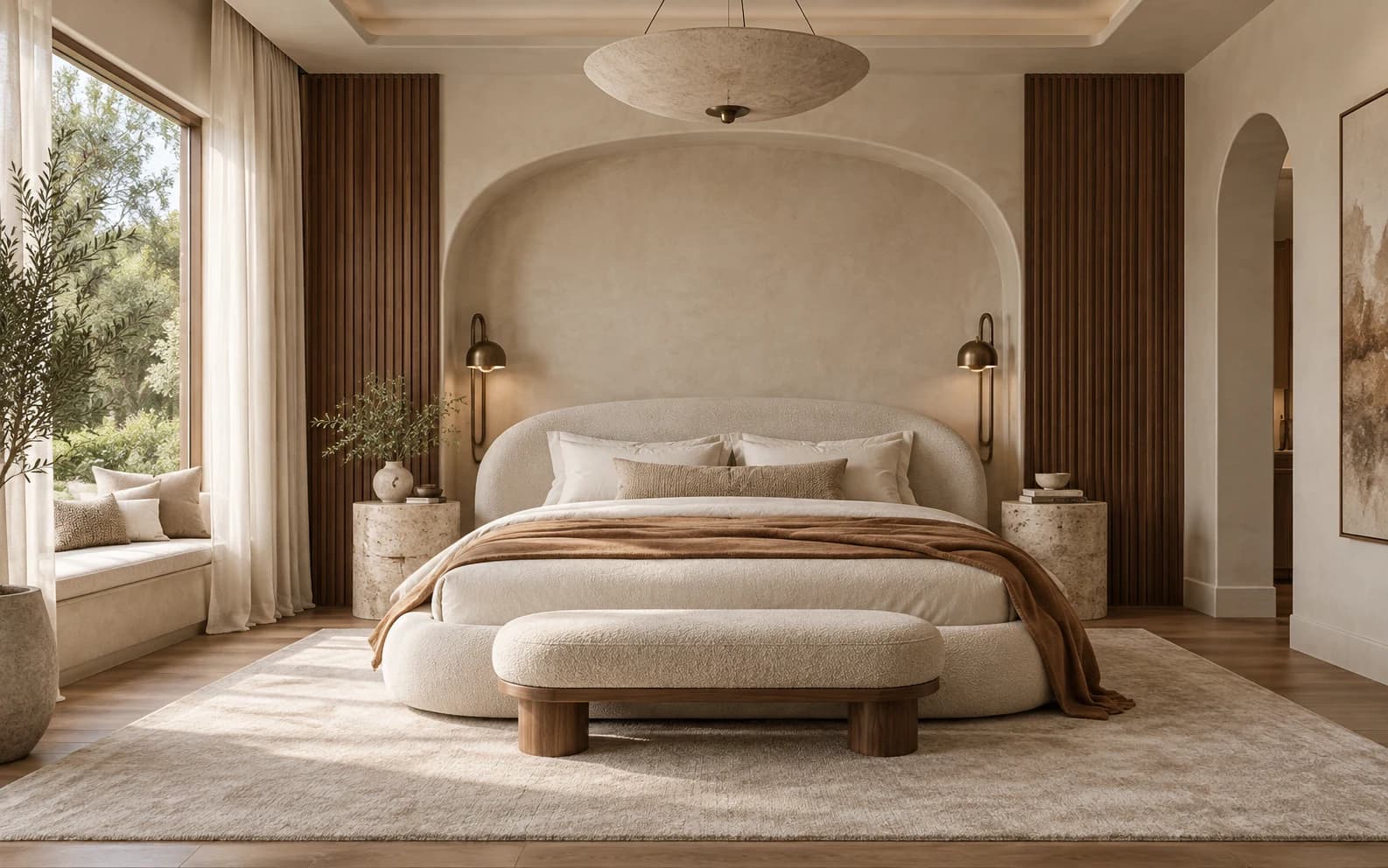Refined guest bedroom with a curved plaster alcove, upholstered bed, travertine nightstands and a garden window seat