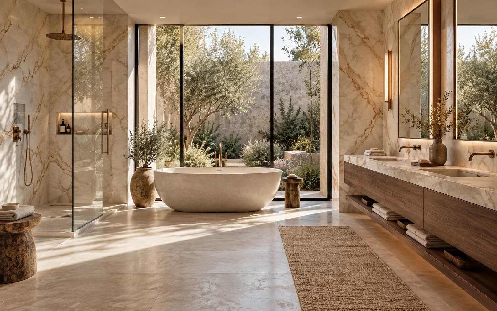 Lavish marble bathroom with a freestanding stone tub, walnut double vanity and secluded courtyard views