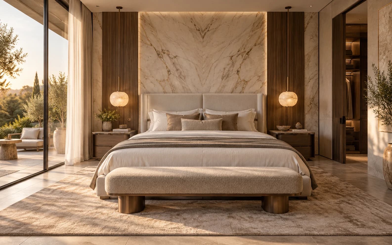 Luxury bedroom concept with an ivory upholstered bed, marble and walnut headboard wall and garden terrace