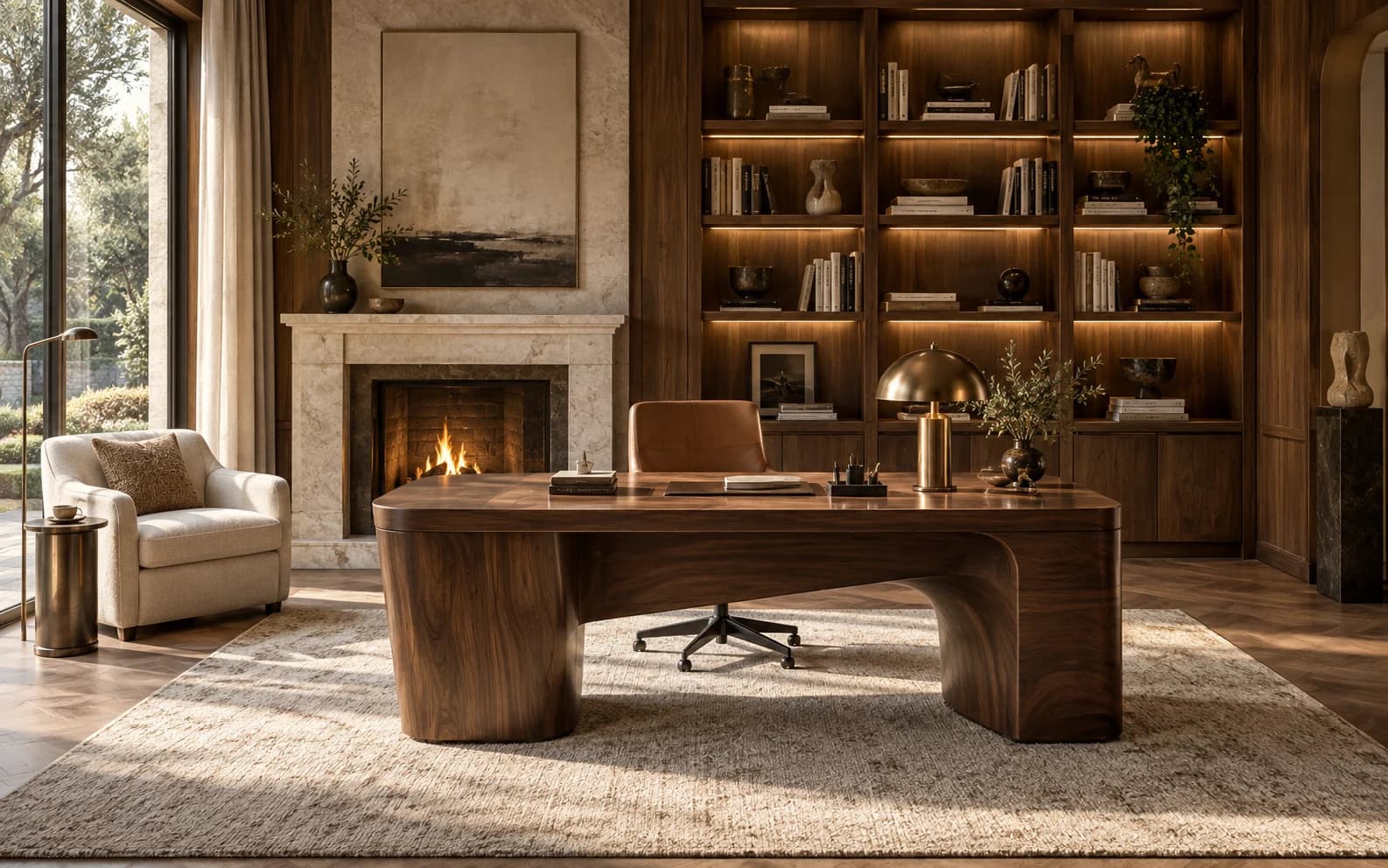 Luxury home study with a walnut desk, leather chair, illuminated bookshelves and garden window