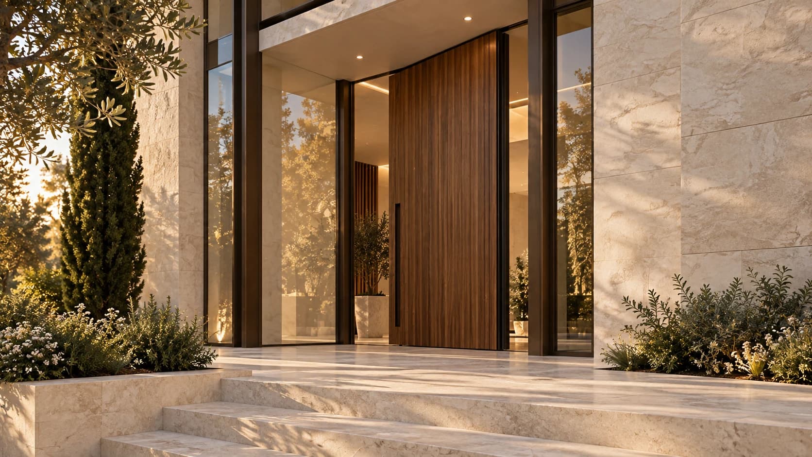 Aurelia entrance detail concept with a timber pivot door, bronze glazing and limestone steps