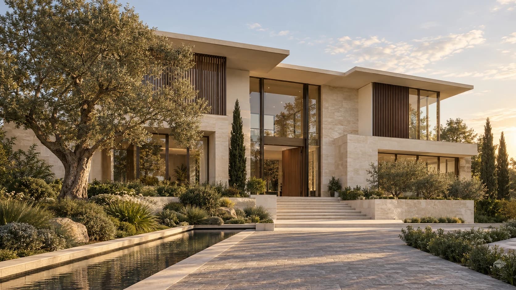 Aurelia Residence exterior concept with pale limestone volumes, timber privacy screens, a recessed entrance and landscaped reflecting pool