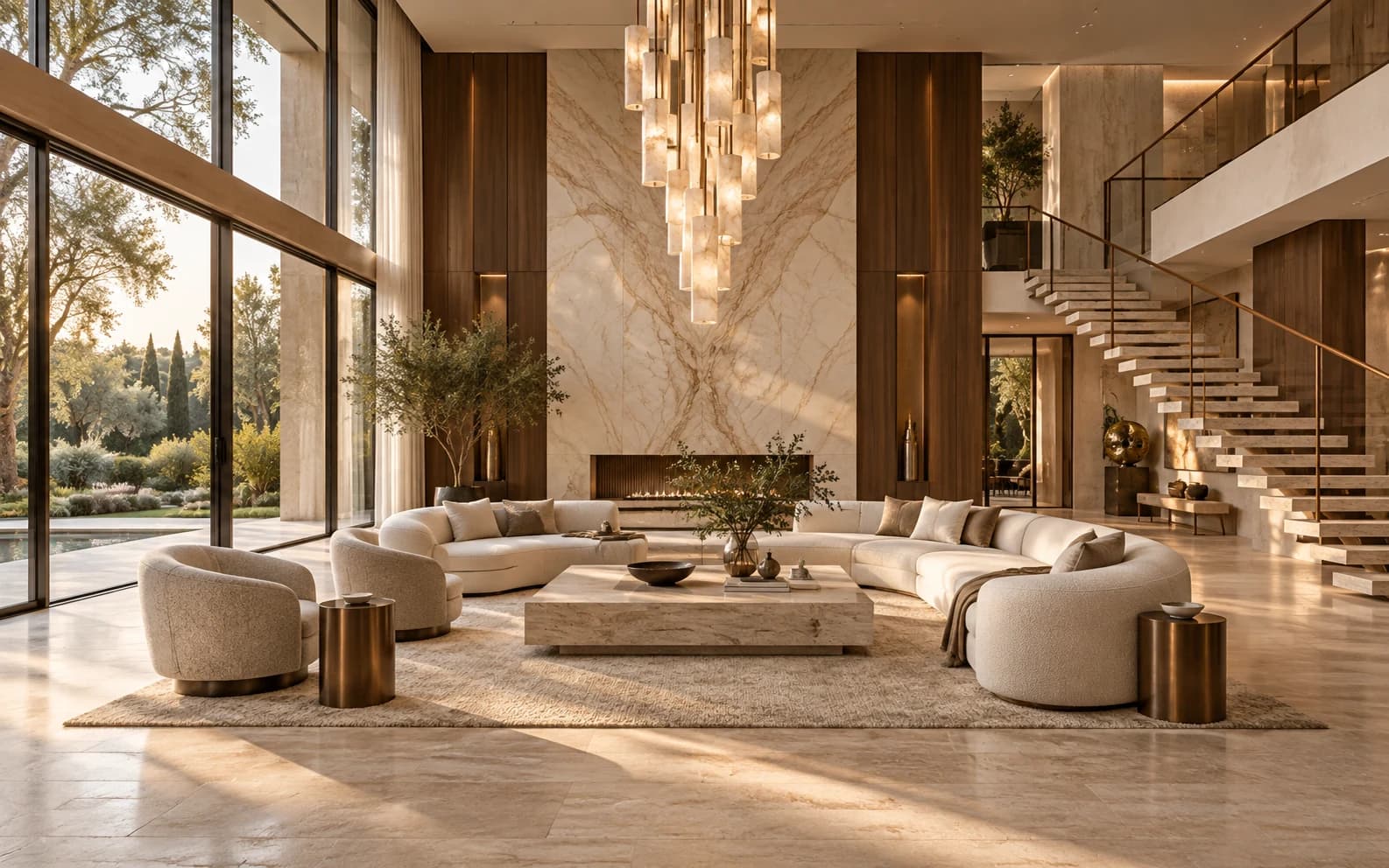 Aurelia double-height living concept with a marble feature wall, walnut panels and a sculptural stair