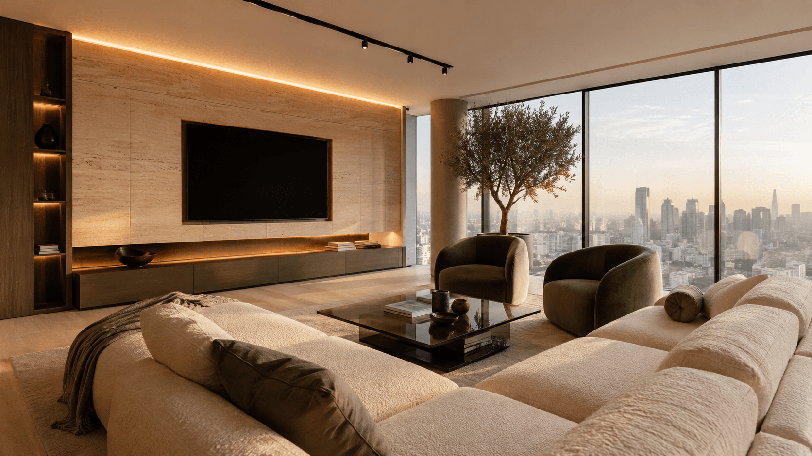 The Glassline Residence penthouse living room at golden hour with panoramic city views