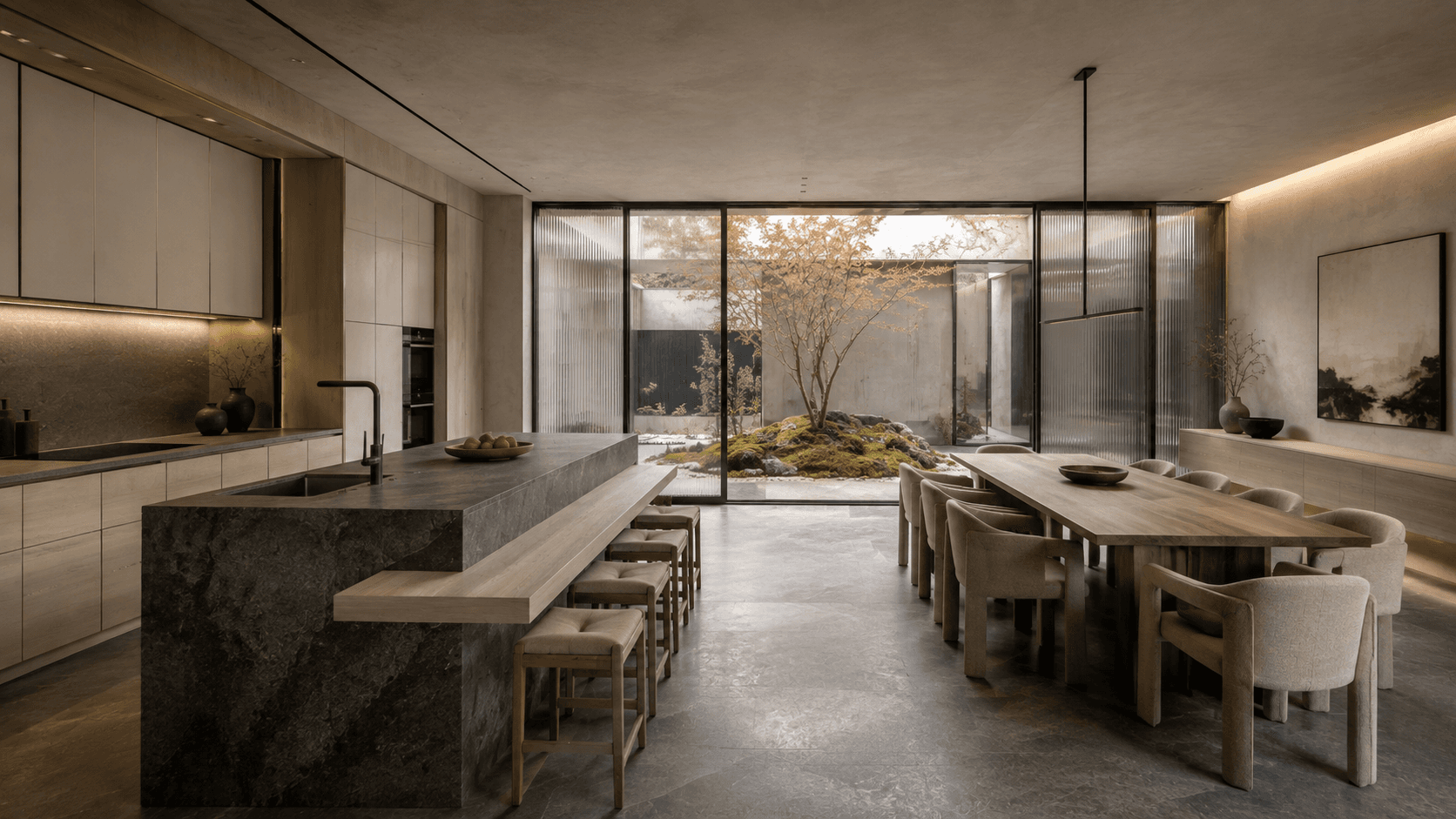The Stillwater House kitchen and dining space with pale ash finishes