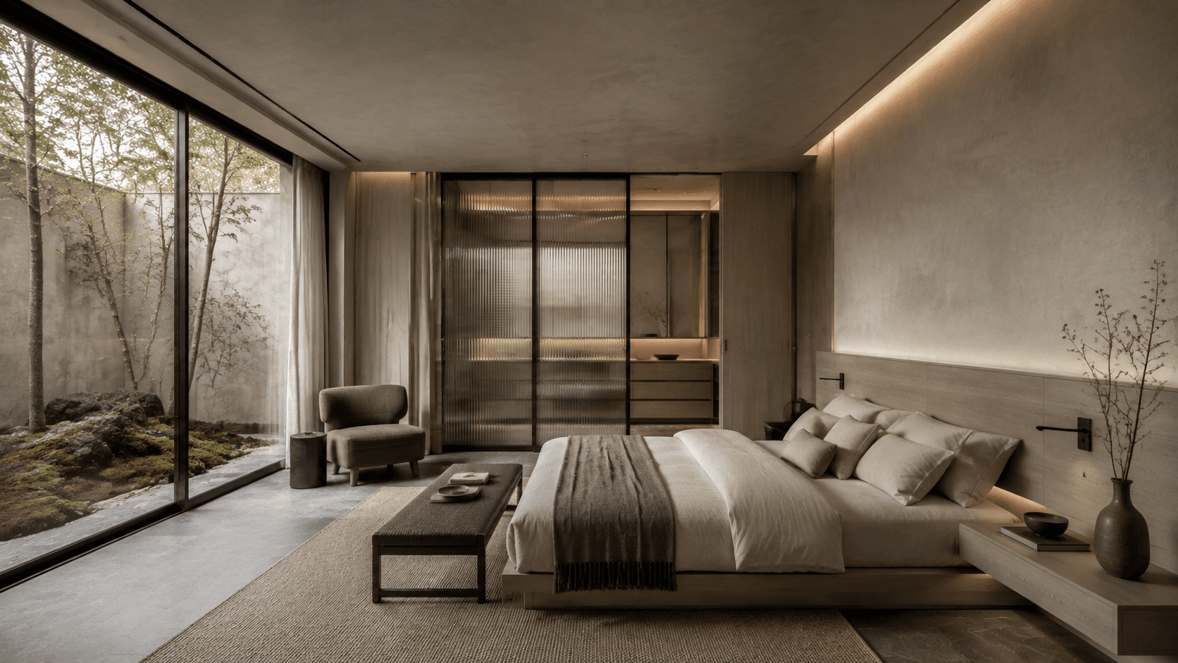 The Stillwater House bedroom with clay-plaster walls and soft restraint