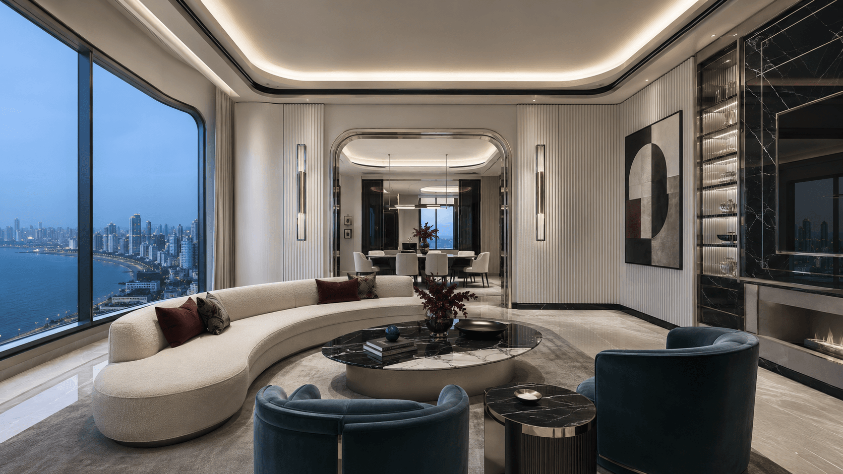The Meridian Apartment with curved forms and sea-facing contemporary Art Deco interiors
