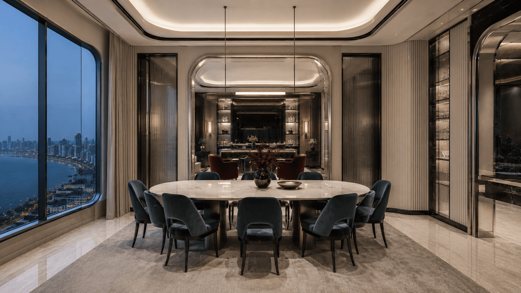 The Meridian Apartment dining room with oval table and polished detail