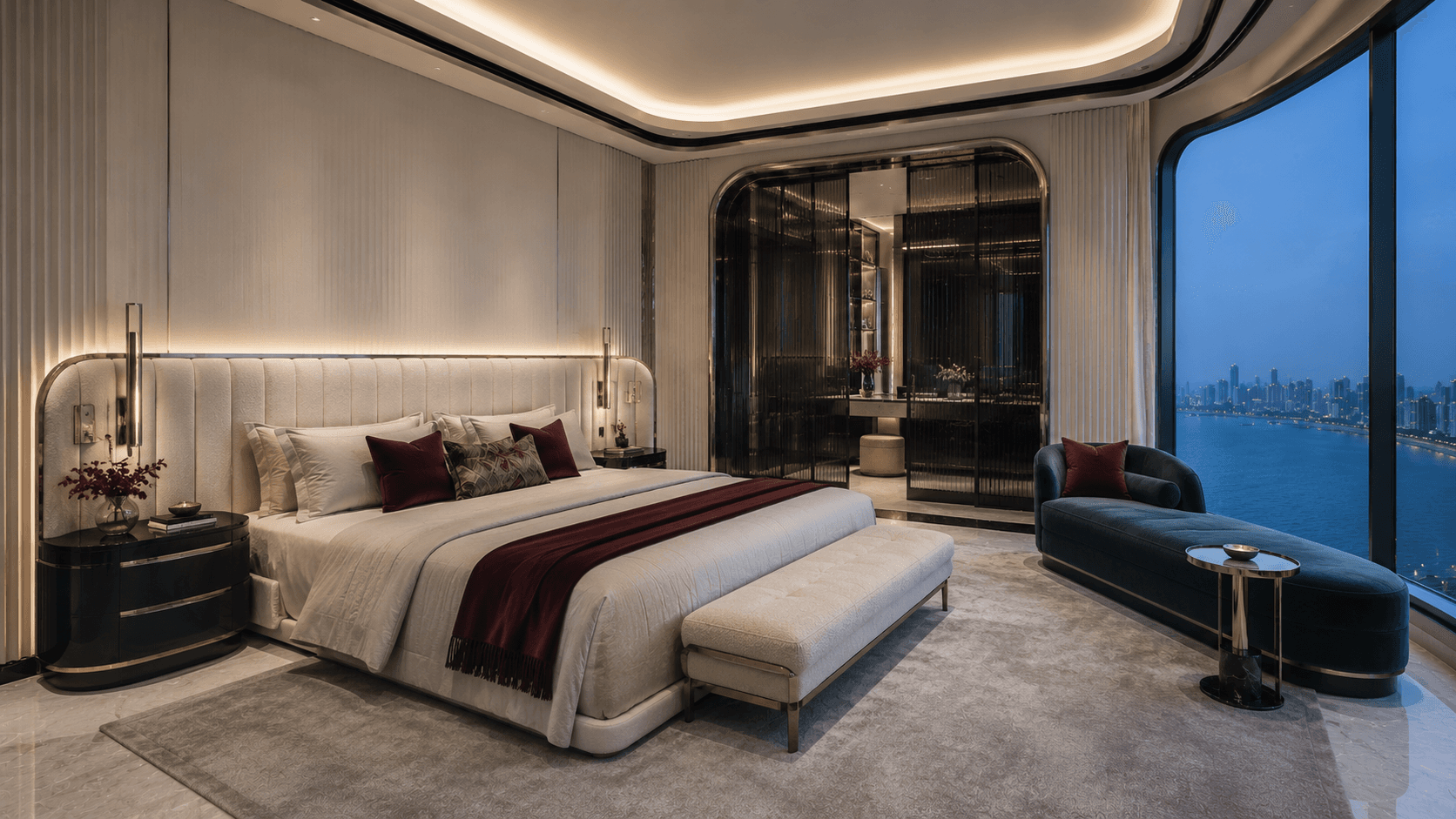 The Meridian Apartment lounge with smoked glass and deep tones