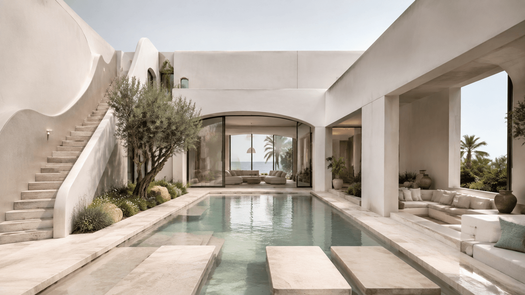 Casa Solene coastal villa with pool courtyard and Mediterranean organic modern volumes