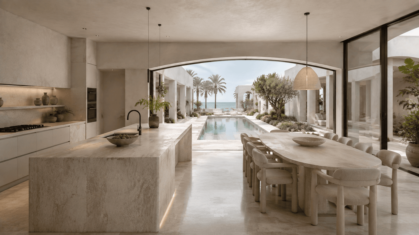 Casa Solene kitchen and dining pavilion in a pale coastal palette