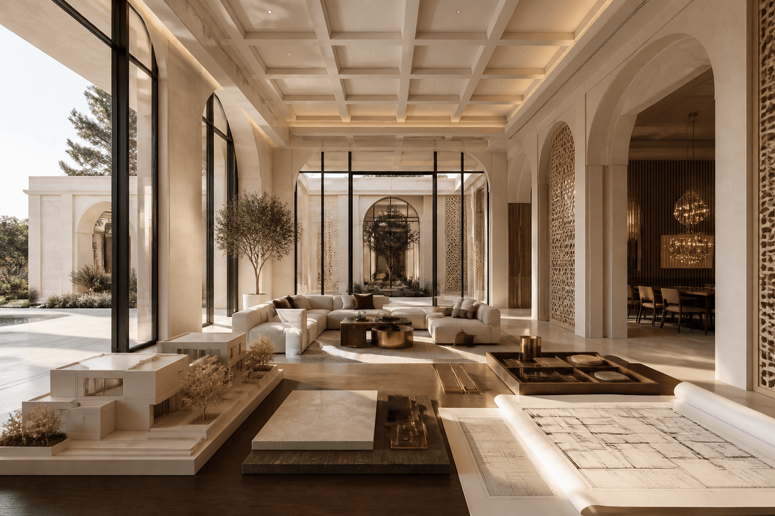 Commercial interior concept with architectural volumes, natural finishes and considered lighting