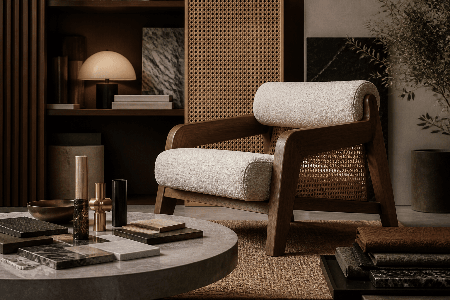 A custom cane and walnut lounge chair with boucle upholstery, brass details, stone samples and layered fabrics