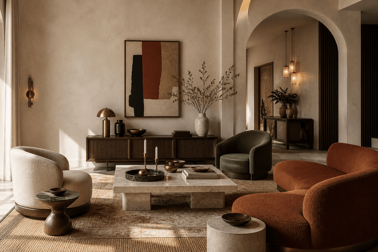 A modern Cane and Clay living room with sculptural seating, arched plasterwork, marble, brass and layered natural textiles