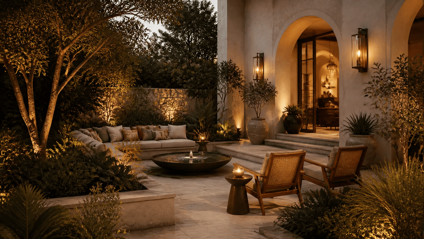 A warm luxury courtyard with arched architecture, layered planting, cane chairs, garden lighting and a low water feature
