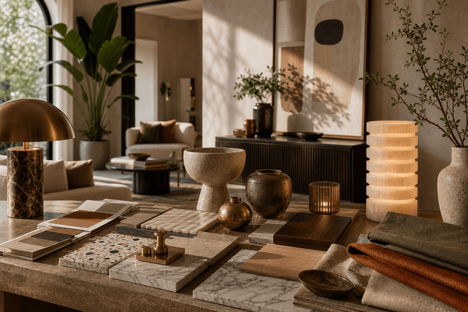 A curated styling table with ceramics, textiles, stone, brass objects, art and warm daylight in a refined interior