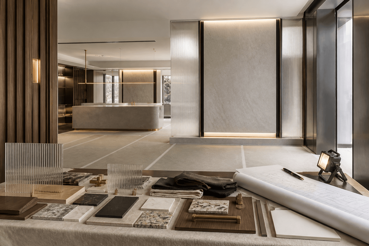 A nearly finished luxury interior installation with protected flooring, aligned millwork, blank drawings and material samples